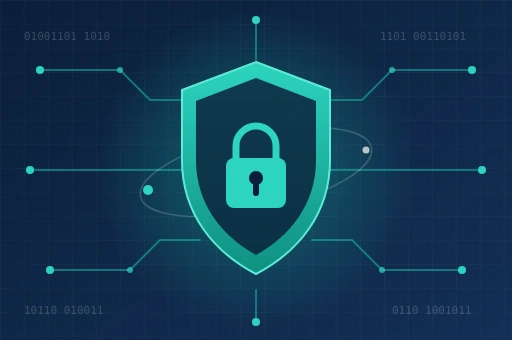 Shield and padlock over a network of circuit lines, representing cyber security