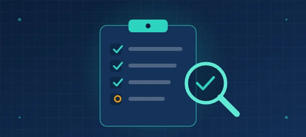 Clipboard checklist with a magnifying glass, representing security audit and assurance