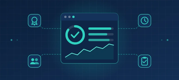 Security dashboard showing a positive status, linked to icons for expertise, partnership, ongoing monitoring and compliance